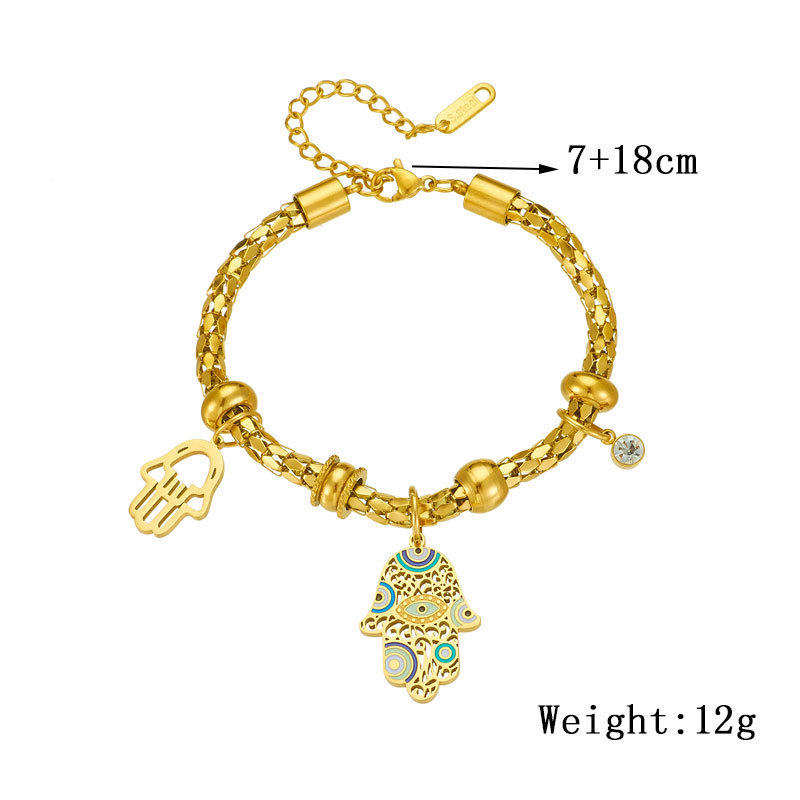 European and American style retro design gold-plated titanium steel metal drip pattern palm pendant cylindrical chain bracelet