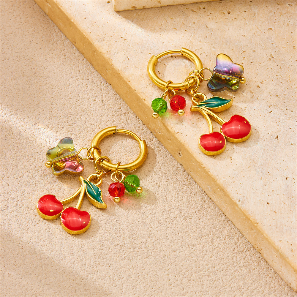 Cross-border fashion, unique and trendy multi-element conch shell stainless steel dripping fruit butterfly pendant earrings