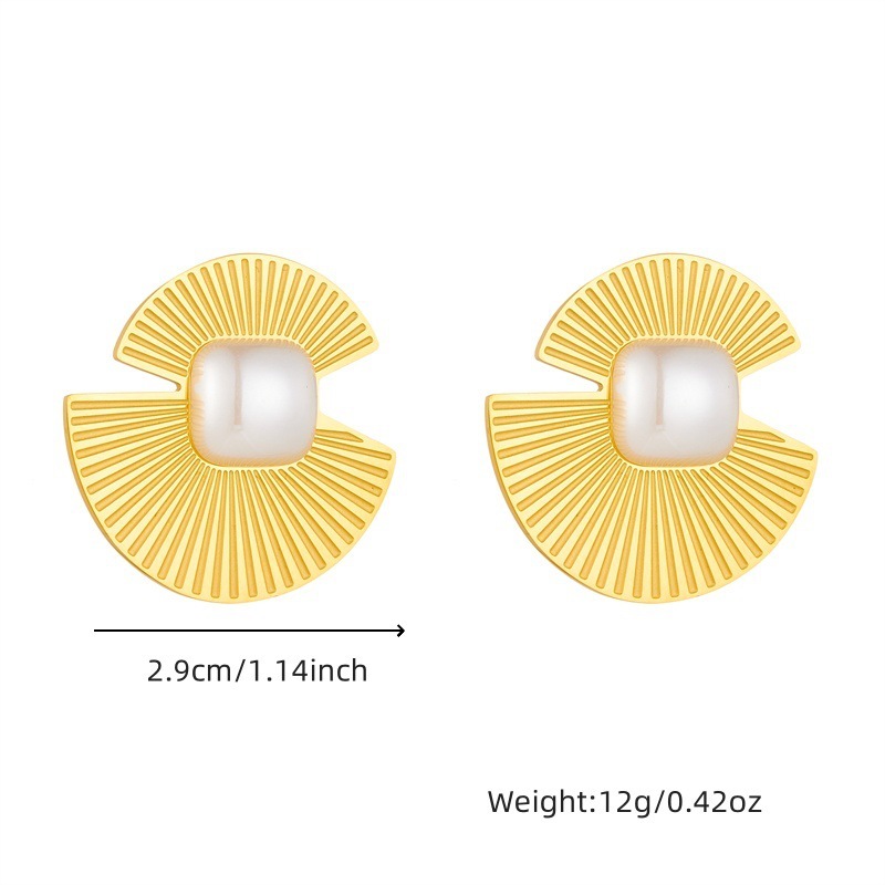 European and American style, retro and high-end, metal fan-shaped square pearl accessories, stainless steel jewelry earrings