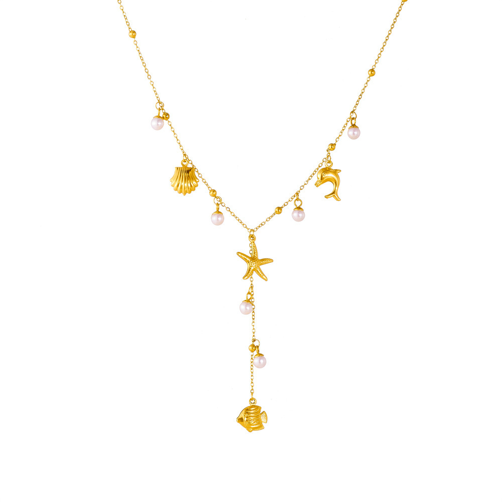 Korean-style, fashionable, minimalist design, beach vacation style, multi-element accessory, Y-shaped chain, stainless steel butterfly and starfish necklace.