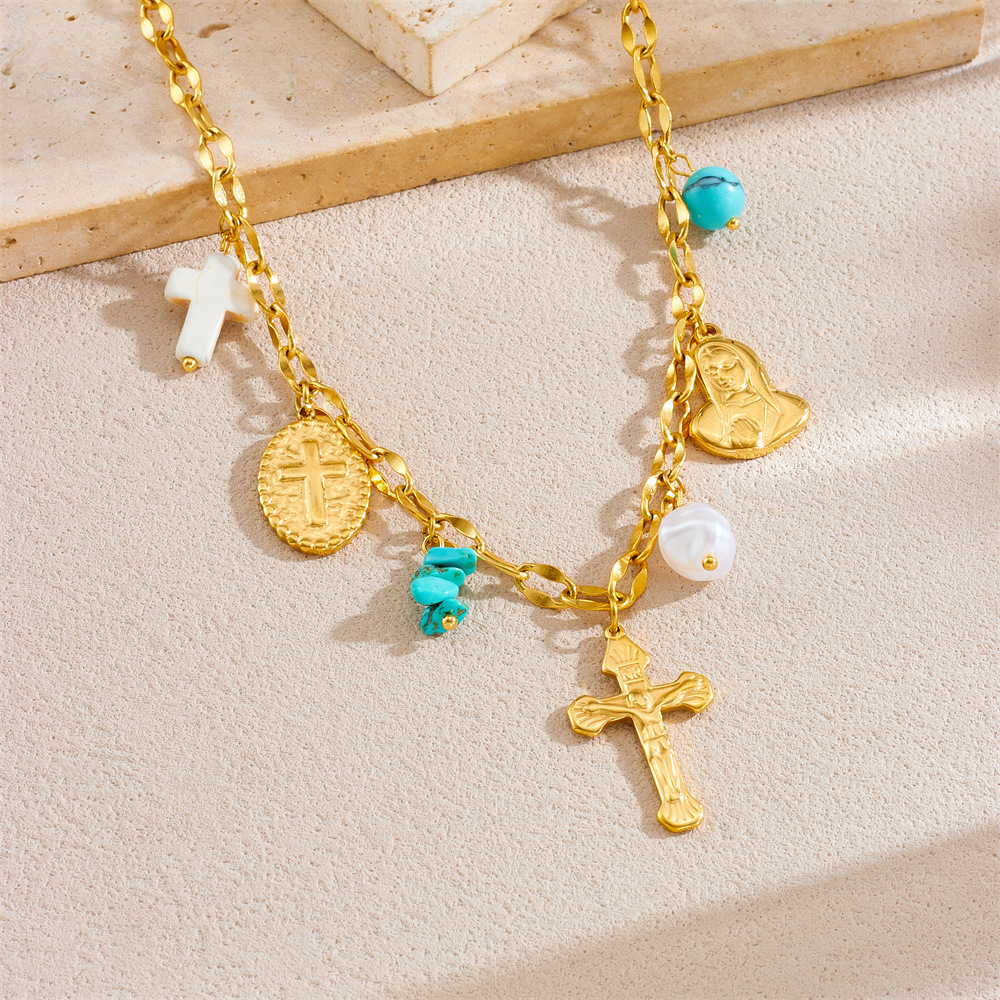 Cross-border hot-selling gold-plated stainless steel multi-element pendant pearl pebble cross Virgin Mary accessory chain necklace