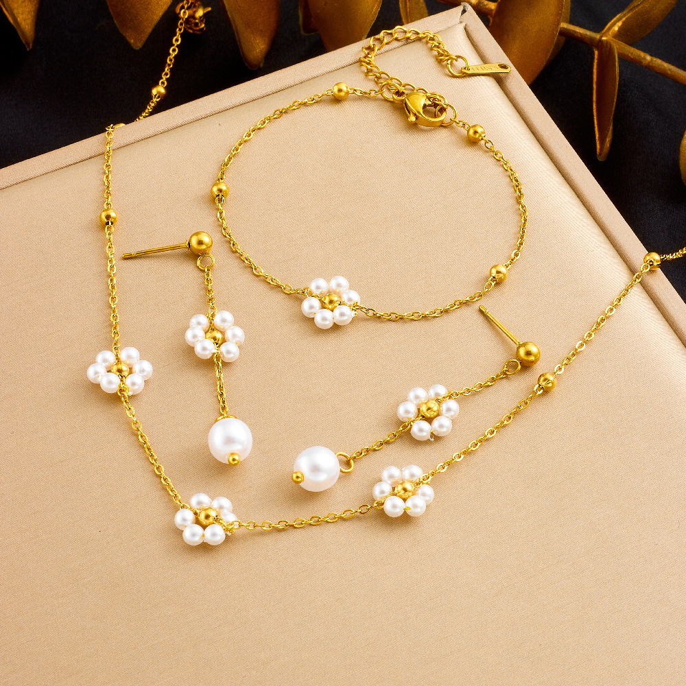 Fashionable and minimalist new Chinese retro style pearl flower accessories chain tassel long earrings necklace bracelet