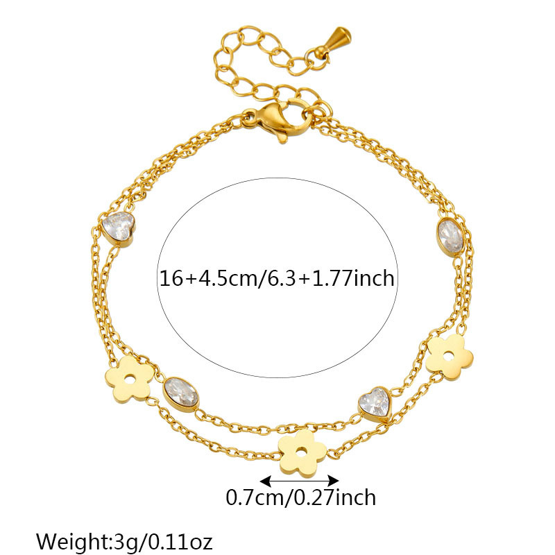 European and American style minimalist design, rhinestone-encrusted oval heart and flower pattern, polished stainless steel gold-plated chain, double-layer bracelet.