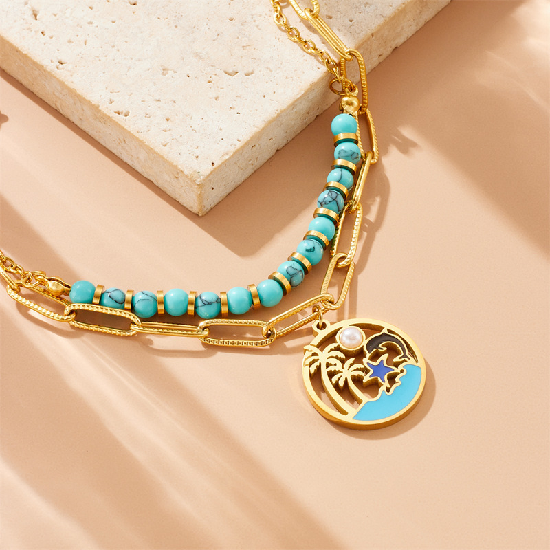 Fashionable cross-border turquoise beaded double-layer chain stainless steel marine life pendant accessories necklace bracelet