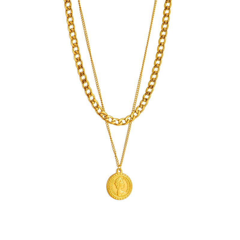 New European and American cross-border minimalist double-layer chain queen portrait round pendant accessory high-end retro necklace