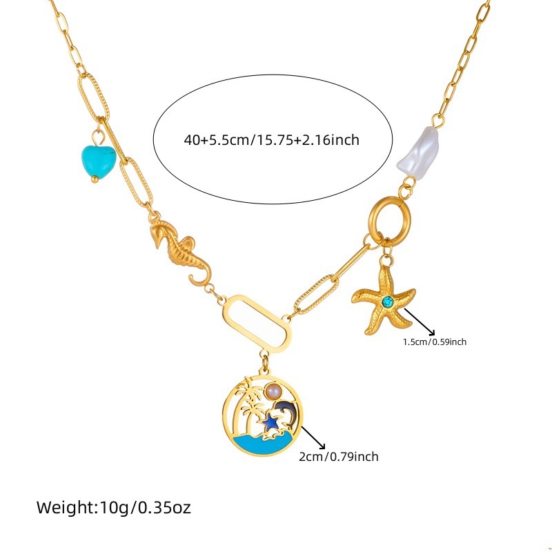 Fashionable cross-border turquoise beaded double-layer chain stainless steel marine life pendant accessories necklace bracelet