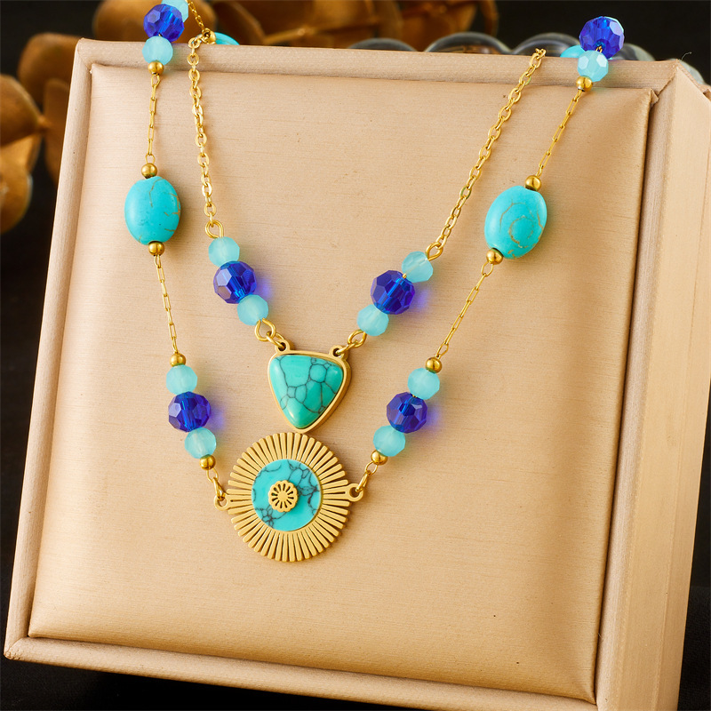 Cross-border fashion retro double-layered bohemian blue beaded turquoise accessories geometric pendant chain necklace