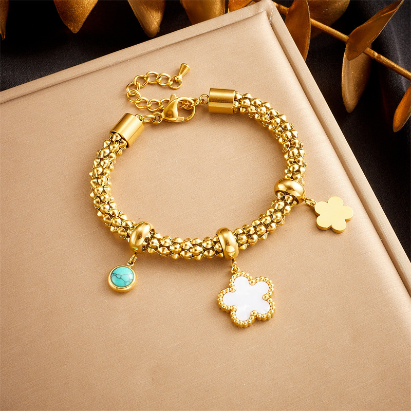 European and American style metal retro stainless steel gold-plated flower moon star turquoise accessories pendant chain bracelet