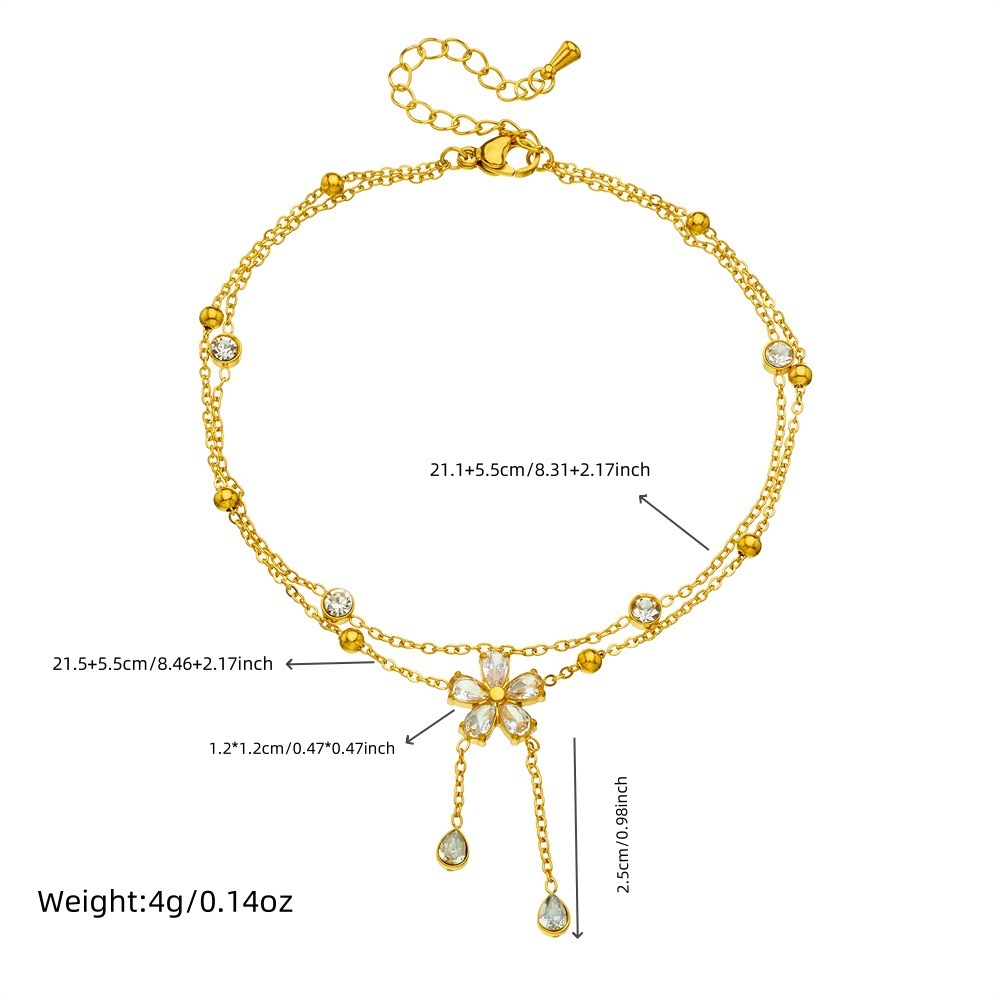 New fashionable diamond-encrusted five-petal flower chain with tassels, double-layered stainless steel gold-plated delicate chain anklet.