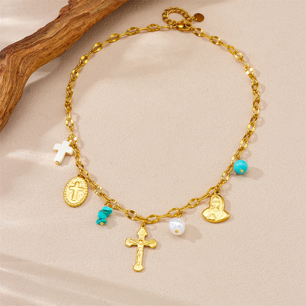 Cross-border hot-selling gold-plated stainless steel multi-element pendant pearl pebble cross Virgin Mary accessory chain necklace