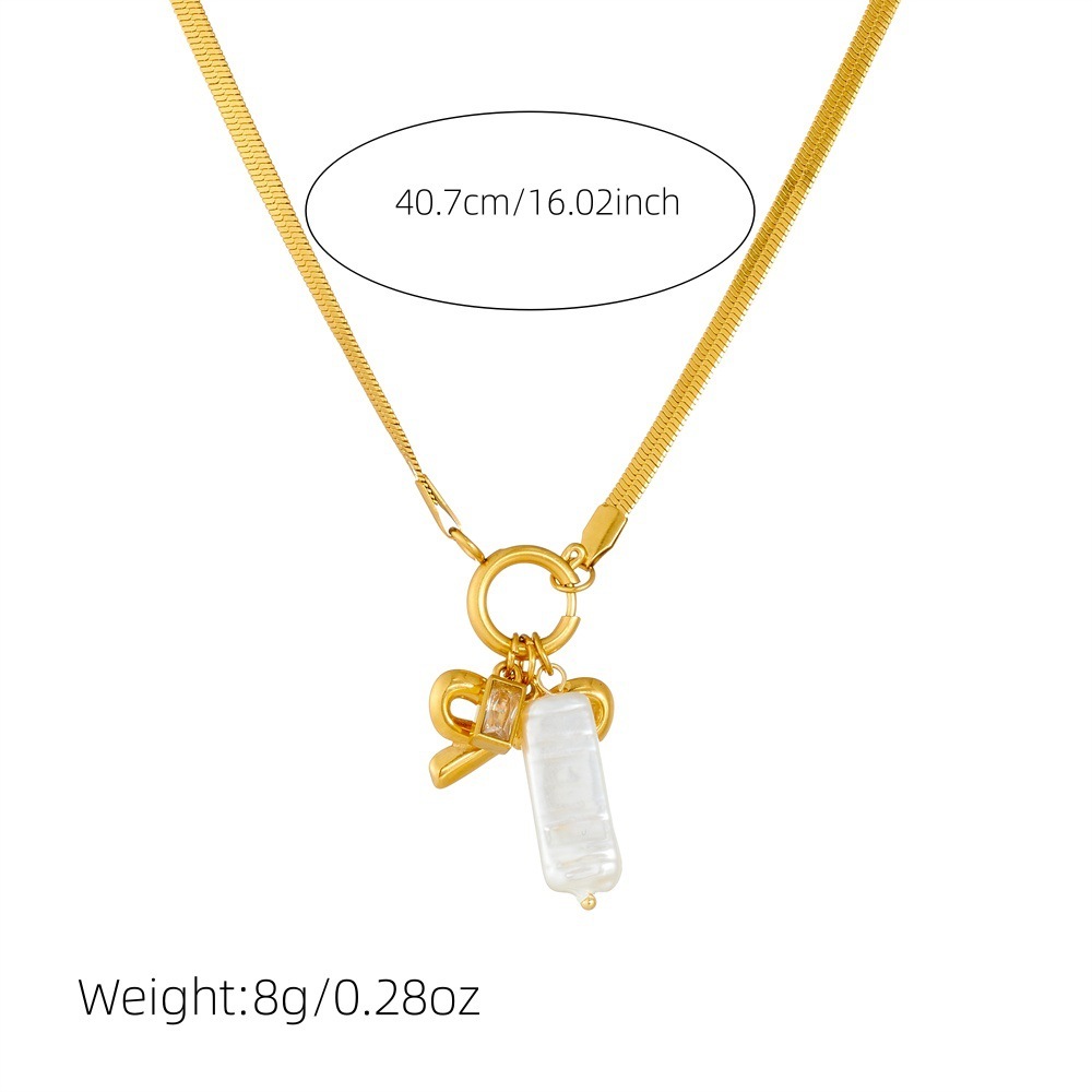 Cross-border fashion, elegant retro gold-plated stainless steel chain bow heart pearl pendant necklace
