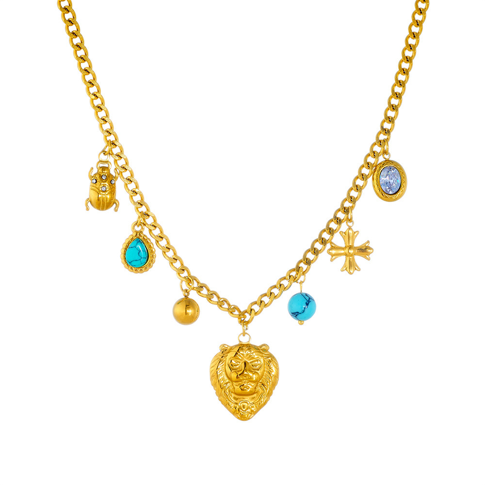 New European and American style retro animal accessories: lion head ladybug cross blue turquoise pendant chain stainless steel necklace