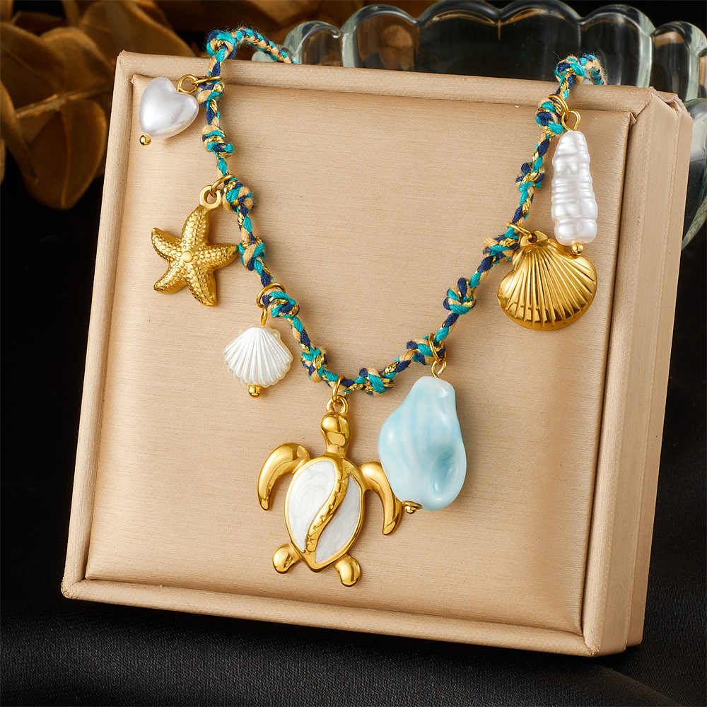 New hot-selling handmade woven colorful rope bohemian multi-element gold-plated marine life pendant necklace and bracelet
