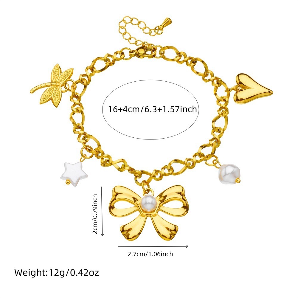 New cross-border fashion light luxury gold-plated stainless steel bow pearl heart dragonfly five-pointed star pendant bracelet