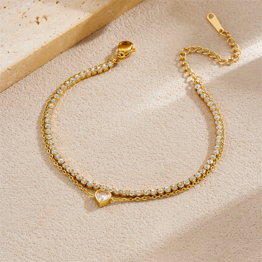 New cross-border minimalist and versatile diamond-encrusted eight-pointed star heart pendant, full diamond chain, stainless steel double-layer bracelet.