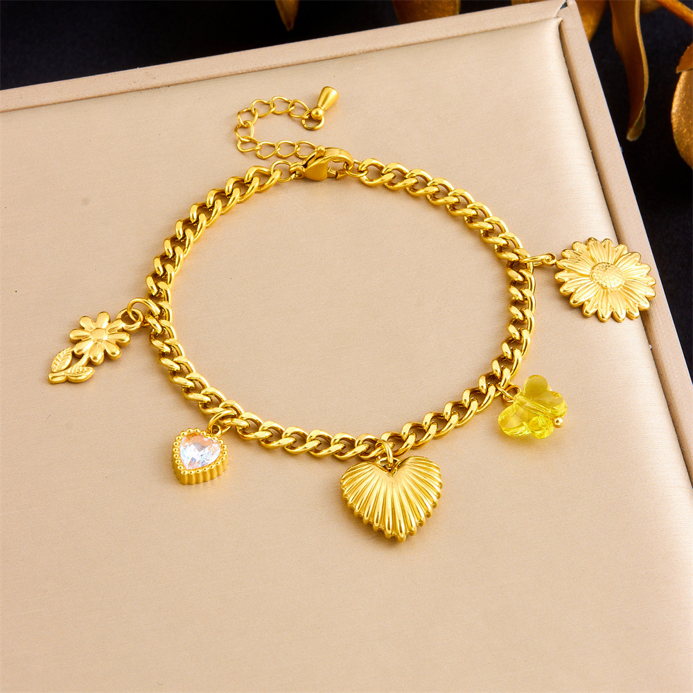 Korean style creative and unique multi-element pendant, gold-plated stainless steel chrysanthemum heart accessory, side chain bracelet