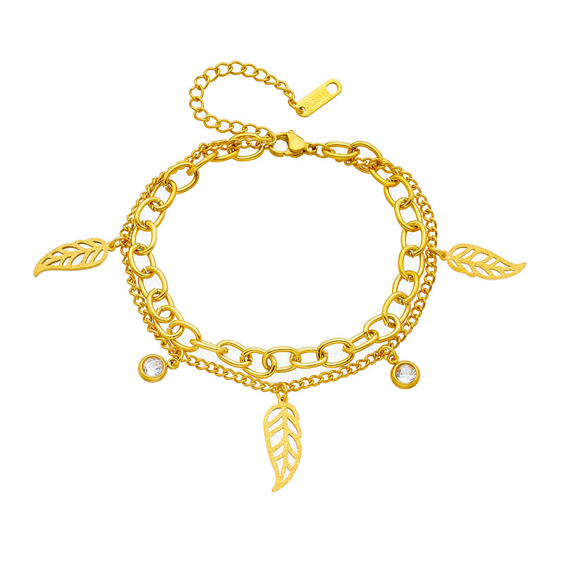 Korean style, minimalist and fashionable, niche titanium steel metal double-layer chain leaf with rhinestone pendant jewelry accessories bracelet