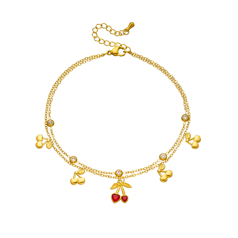 Korean style, fashionable, sweet, versatile, diamond-encrusted heart-shaped cherry pendant, double-layered stainless steel chain, gold-plated anklet.