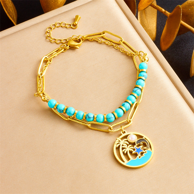 Fashionable cross-border turquoise beaded double-layer chain stainless steel marine life pendant accessories necklace bracelet
