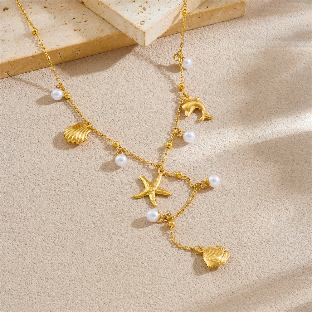 Korean-style, fashionable, minimalist design, beach vacation style, multi-element accessory, Y-shaped chain, stainless steel butterfly and starfish necklace.