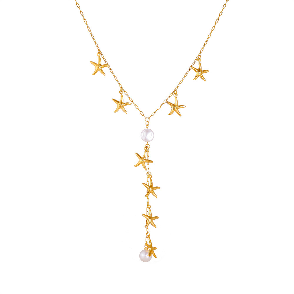 Stylish, versatile, minimalist, irregular Y-shaped chain with gold-plated pearl, starfish, and stainless steel pendant tassel necklace.