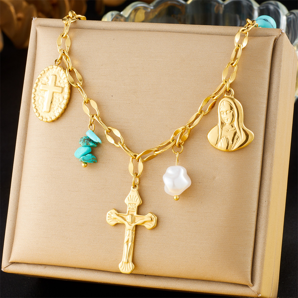 Cross-border hot-selling gold-plated stainless steel multi-element pendant pearl pebble cross Virgin Mary accessory chain necklace