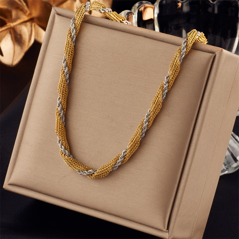 European and American cross-border minimalist niche color-blocked mesh braided chain titanium steel heavy-duty punk hip-hop metal clavicle necklace