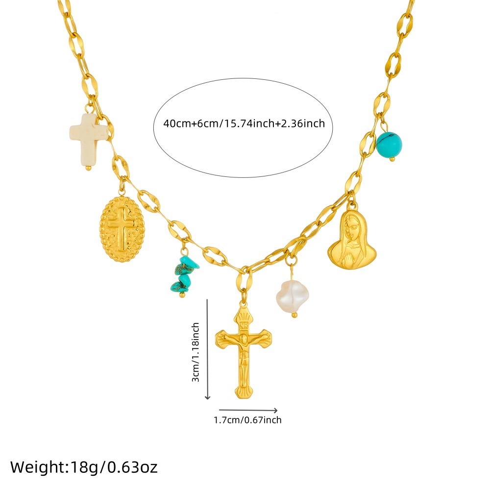 Cross-border hot-selling gold-plated stainless steel multi-element pendant pearl pebble cross Virgin Mary accessory chain necklace