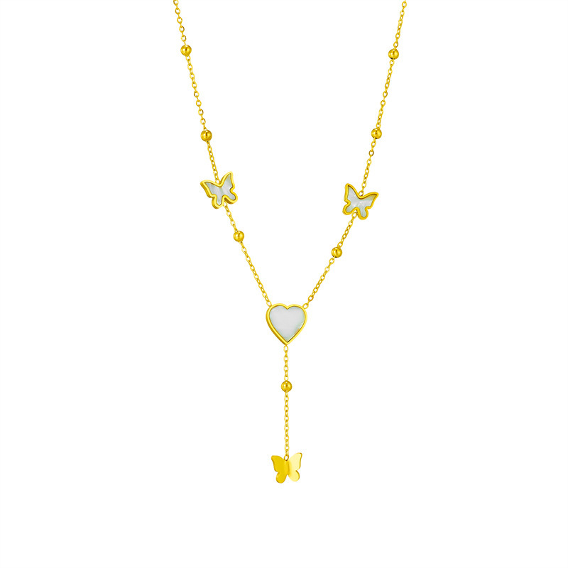 Japanese and Korean style, simple and versatile, elegant and luxurious heart-shaped butterfly tassel pendant, titanium steel metal jewelry necklace.