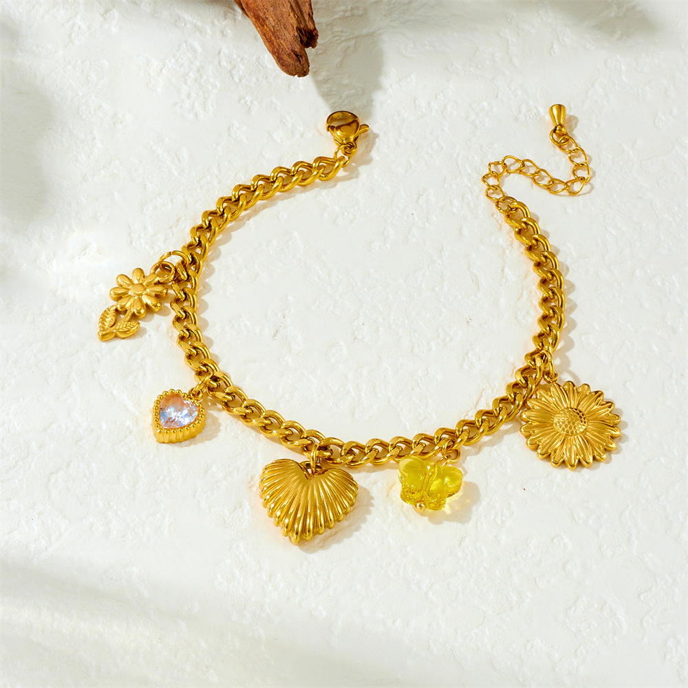 Korean style creative and unique multi-element pendant, gold-plated stainless steel chrysanthemum heart accessory, side chain bracelet