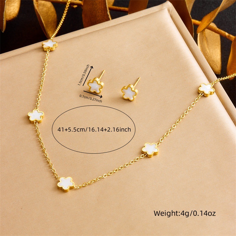 European and American style retro minimalist gold-plated white shell flower accessory chain stainless steel three-piece jewelry set