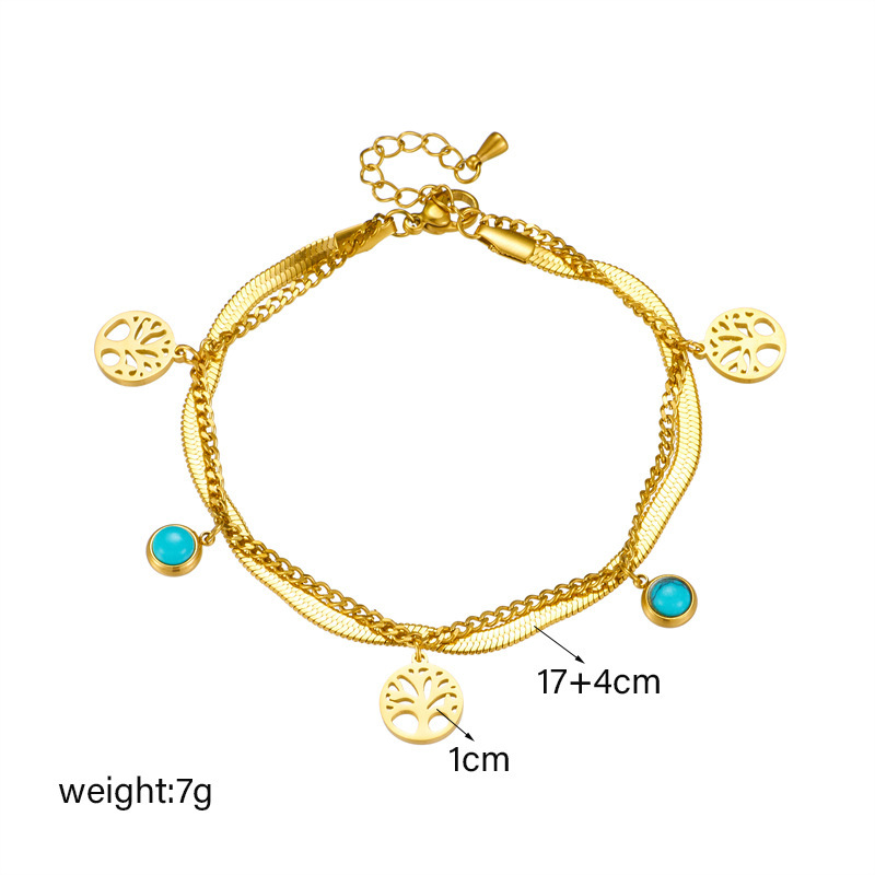 Trendy, niche, retro, high-end, understated luxury turquoise Tree of Life round pendant, double-layered titanium steel bracelet