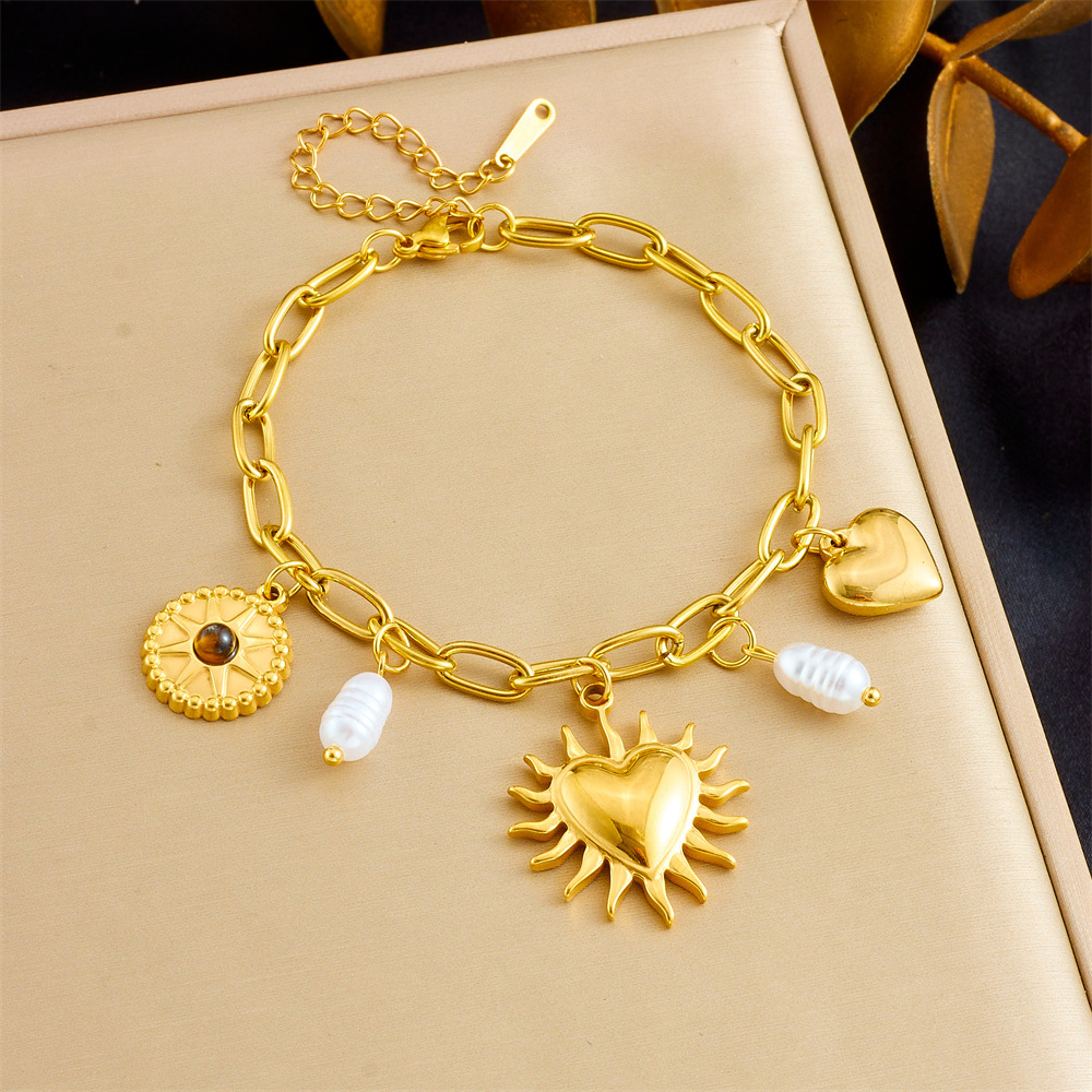 New cross-border style gold-plated retro high-end pearl heart sunflower pendant chain stainless steel jewelry bracelet