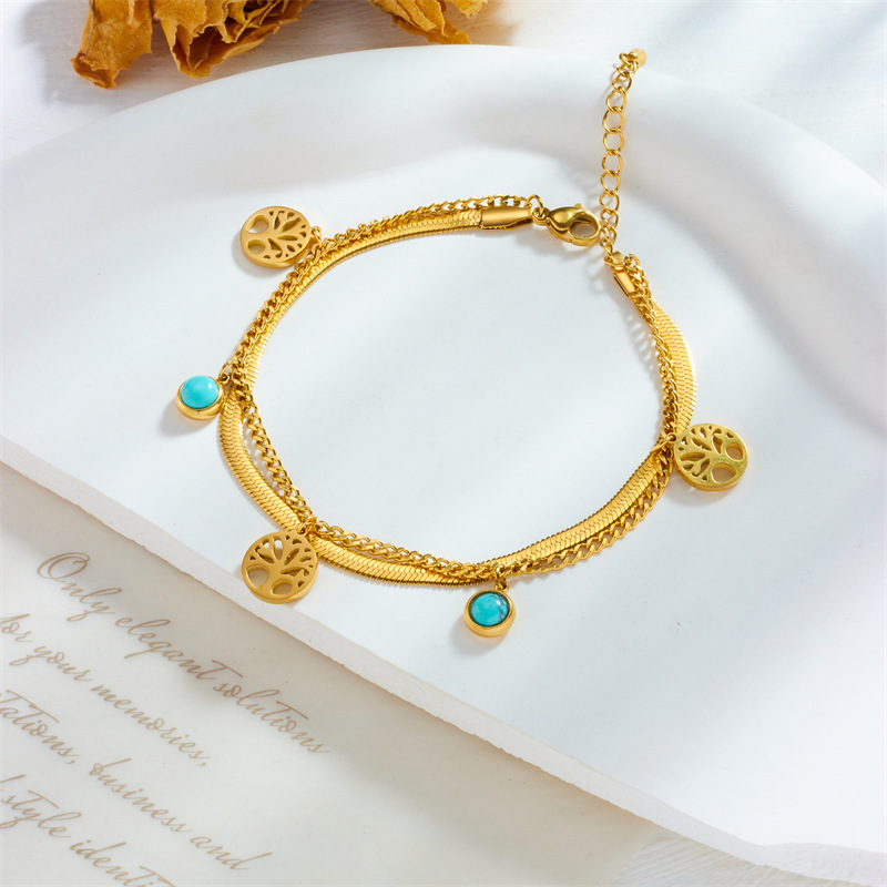 Trendy, niche, retro, high-end, understated luxury turquoise Tree of Life round pendant, double-layered titanium steel bracelet