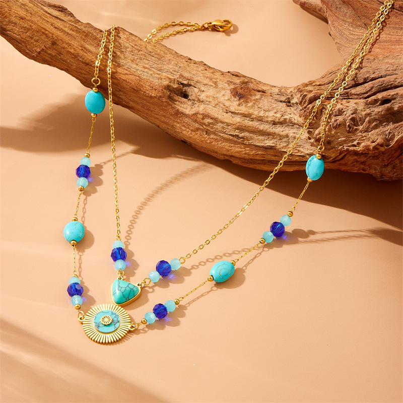 Cross-border fashion retro double-layered bohemian blue beaded turquoise accessories geometric pendant chain necklace