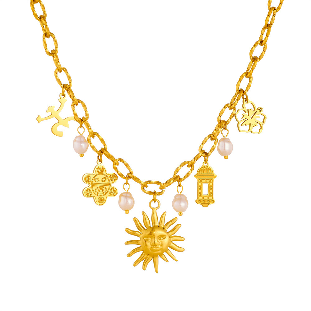 European and American style stainless steel necklace with sunflower design, ancient architecture pendant, gold-plated multi-element pearl clavicle chain