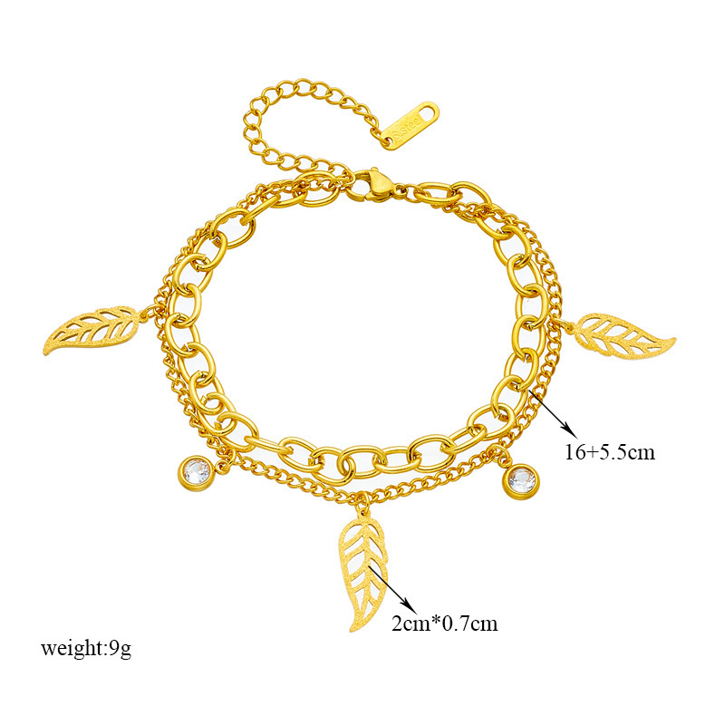 Korean style, minimalist and fashionable, niche titanium steel metal double-layer chain leaf with rhinestone pendant jewelry accessories bracelet