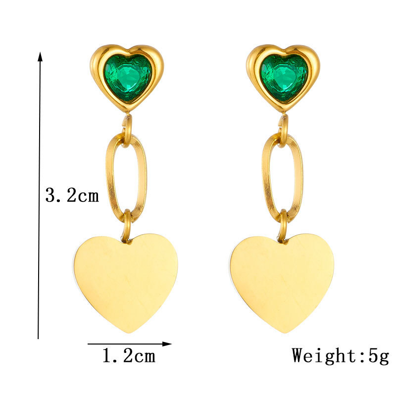 Stylish, niche, minimalist, retro-style diamond-encrusted heart-shaped long earrings with titanium steel gold-plated pendant.