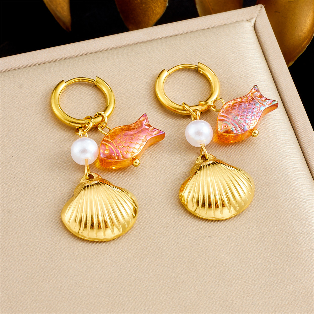 Cross-border fashion, unique and trendy multi-element conch shell stainless steel dripping fruit butterfly pendant earrings
