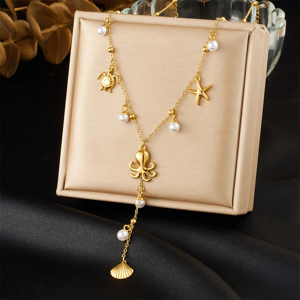 Korean-style, fashionable, minimalist design, beach vacation style, multi-element accessory, Y-shaped chain, stainless steel butterfly and starfish necklace.