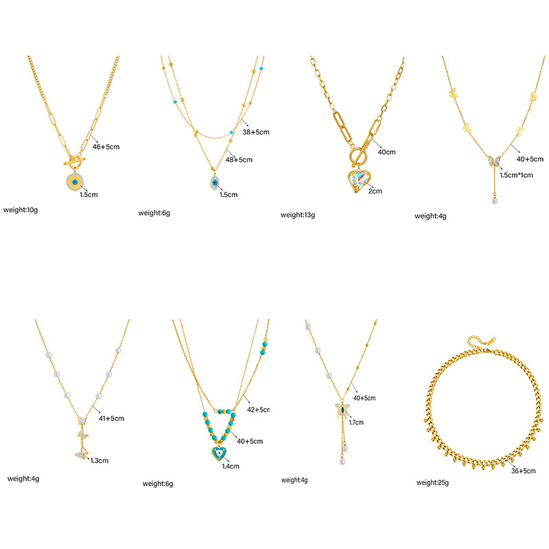 Fashionable, niche, creative, minimalist pearl butterfly rainbow rhinestone heart pendant tassel chain multi-layer necklace