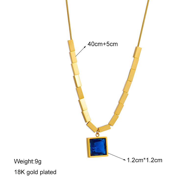 European and American cross-border fashion niche retro minimalist square blue diamond titanium steel metal jewelry necklace