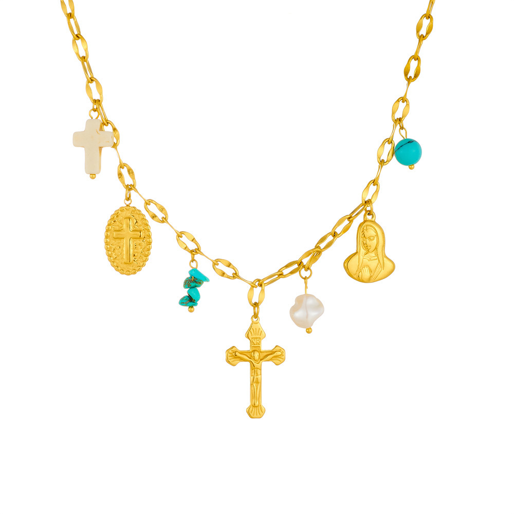 Cross-border hot-selling gold-plated stainless steel multi-element pendant pearl pebble cross Virgin Mary accessory chain necklace