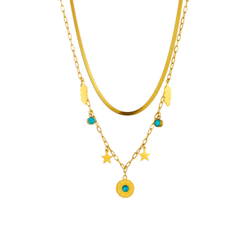 European and American cross-border retro layered double titanium steel chain blue turquoise round pendant star feather pendant necklace