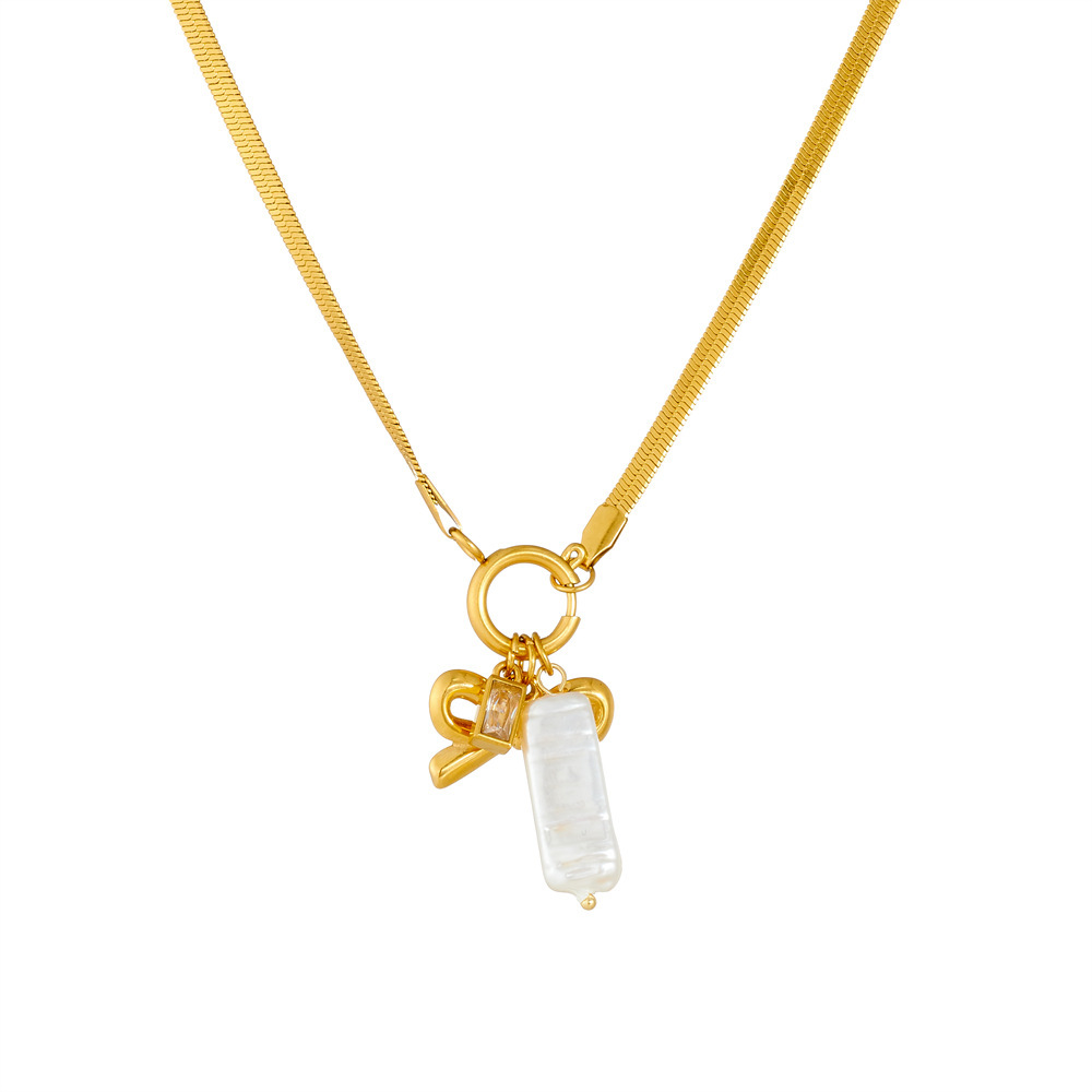 Cross-border fashion, elegant retro gold-plated stainless steel chain bow heart pearl pendant necklace