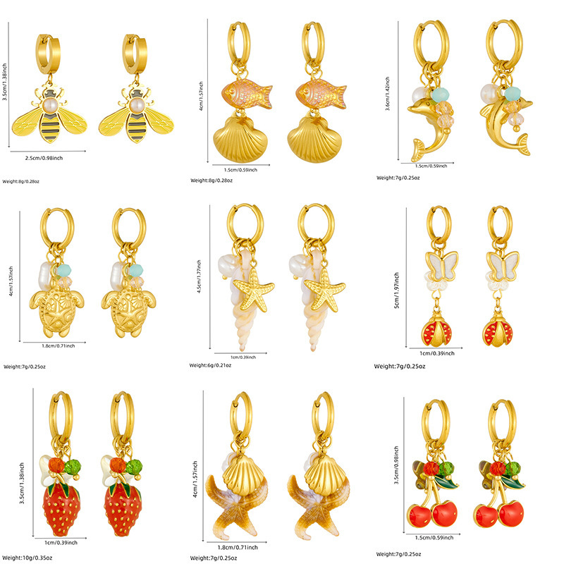 Cross-border fashion, unique and trendy multi-element conch shell stainless steel dripping fruit butterfly pendant earrings