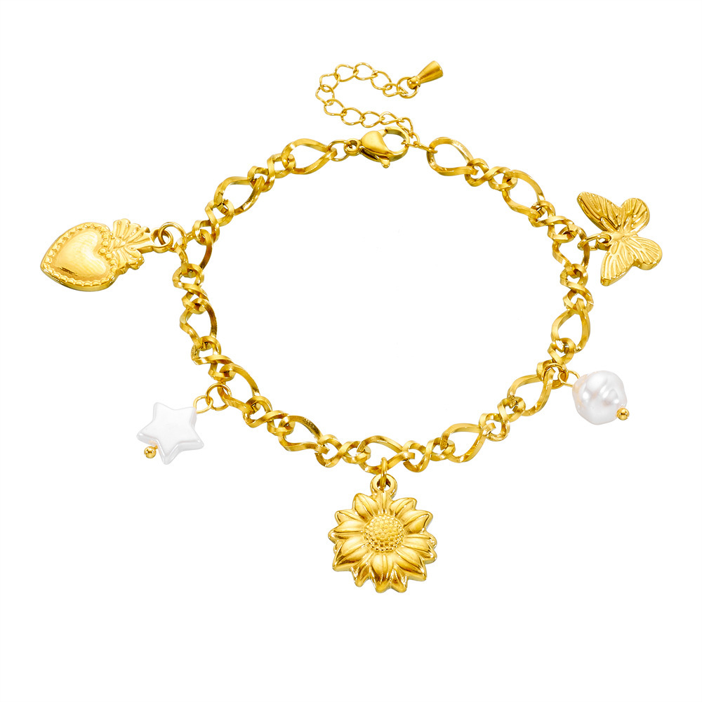 Cross-border fashion gold-plated stainless steel multi-element white shell pendant chain bracelet with five-pointed star, sunflower, heart and butterfly elements.