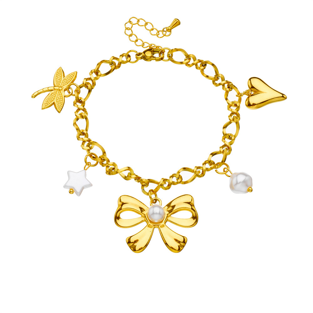 New cross-border fashion light luxury gold-plated stainless steel bow pearl heart dragonfly five-pointed star pendant bracelet