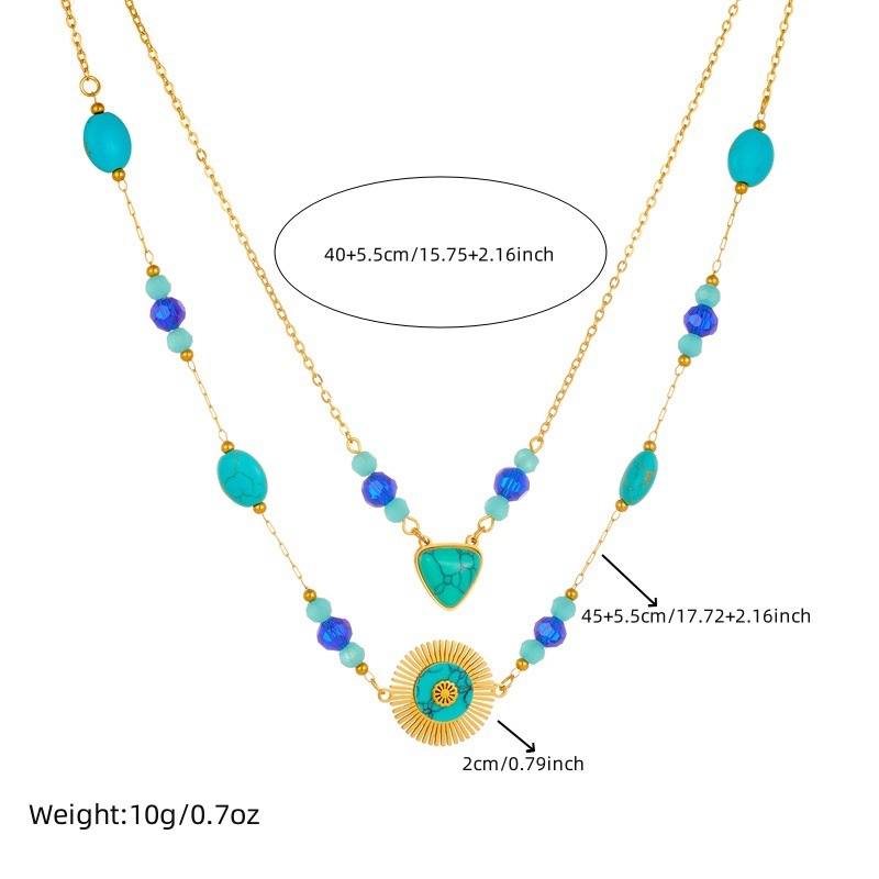 Cross-border fashion retro double-layered bohemian blue beaded turquoise accessories geometric pendant chain necklace