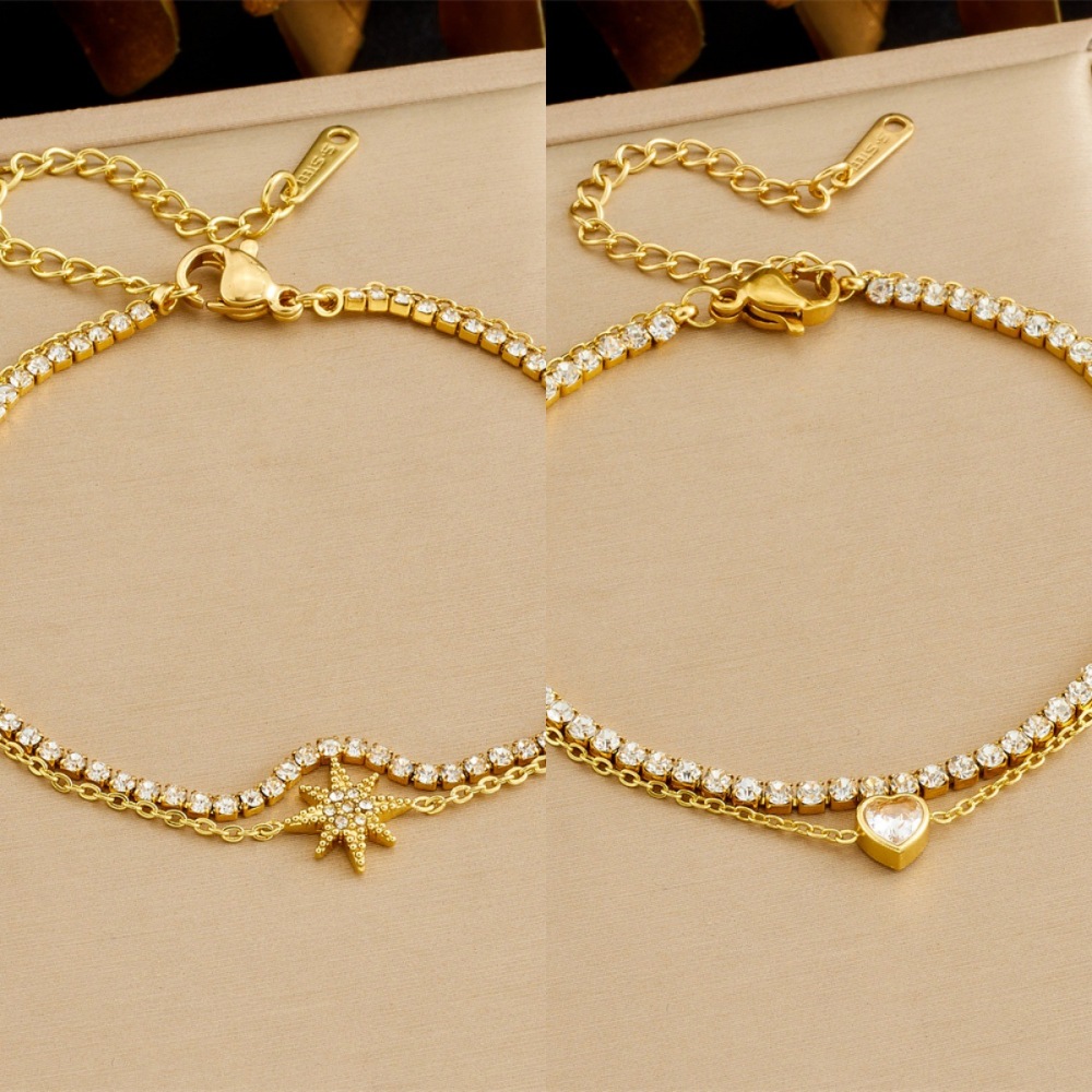 New cross-border minimalist and versatile diamond-encrusted eight-pointed star heart pendant, full diamond chain, stainless steel double-layer bracelet.